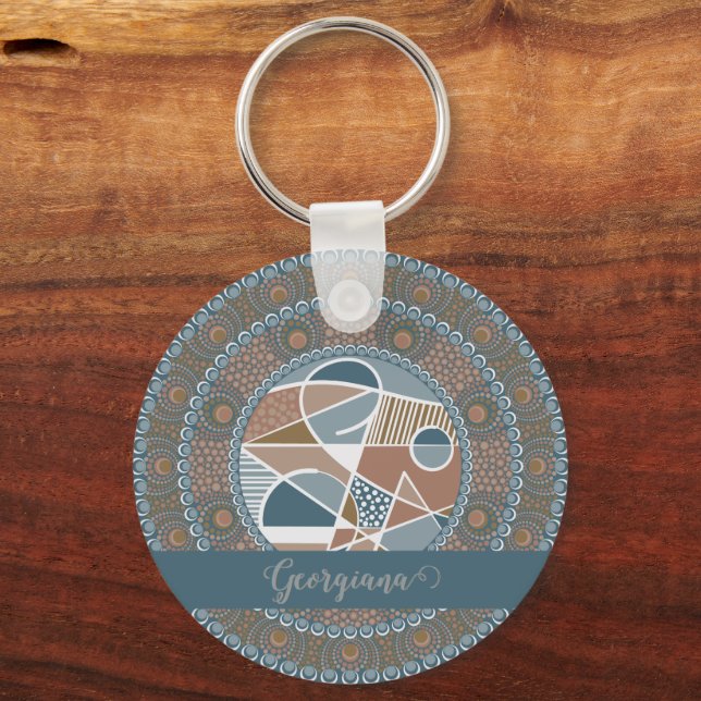 Personalized Teal and Gold Abstract Accent Mandala Keychain (Front)