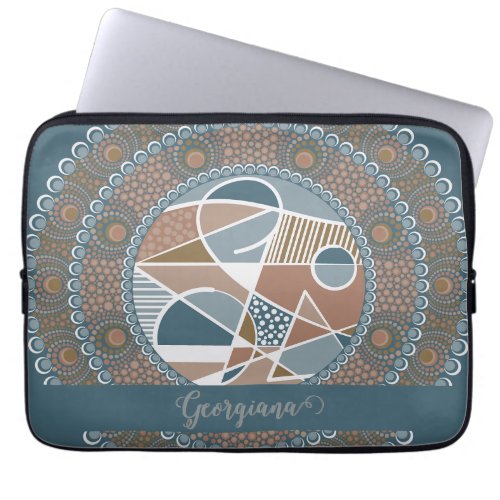 Personalized Teal and Gold Abstract Accent Mandala Laptop Sleeve