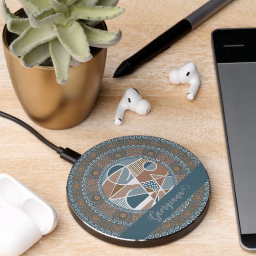 Personalized Teal and Gold Abstract Accent Mandala Wireless Charger