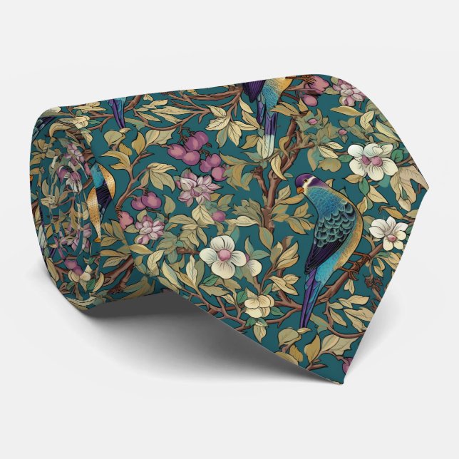 Personalized Teal and Purple Floral Love Birds Neck Tie (Rolled)