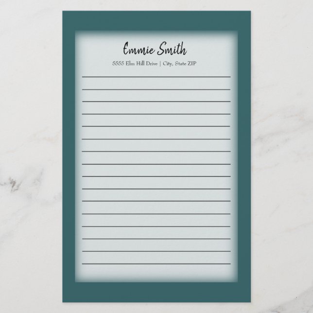 Personalized Teal and White Lined Stationery (Front)