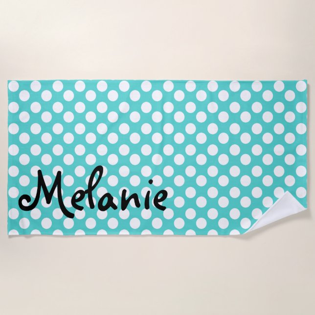 Personalized Teal and White Polka Dot Beach Towel (Front)