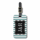 Personalized teal and white striped luggage tag