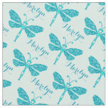 Personalized teal aqua name dragonfly ink pattern fabric