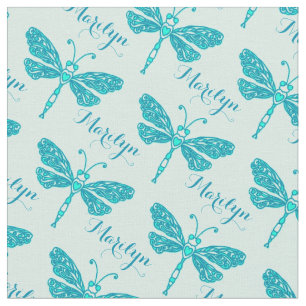 Personalized teal aqua name dragonfly ink pattern fabric