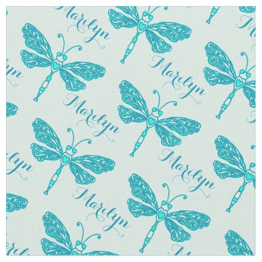 Personalized teal aqua name dragonfly ink pattern fabric