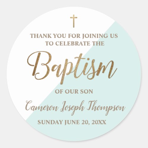 Personalized teal Baby boy baptism thank you  Classic Round Sticker