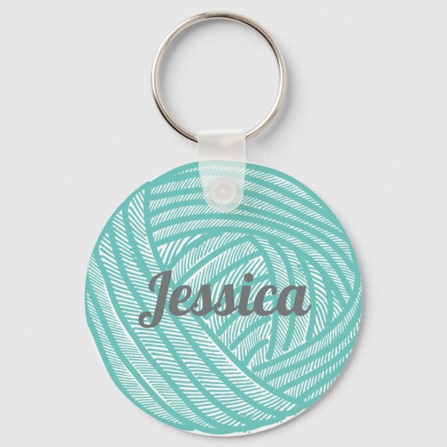 Personalized Teal Ball of Yarn Knitting Keychain (Front)