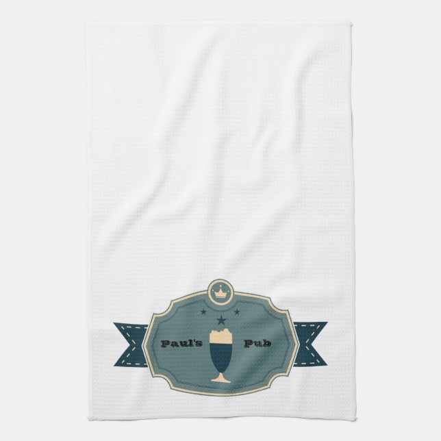 Personalized Teal Beer Label Kitchen Towel (Vertical)