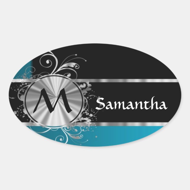 Personalized teal black and silver monogram oval sticker (Front)