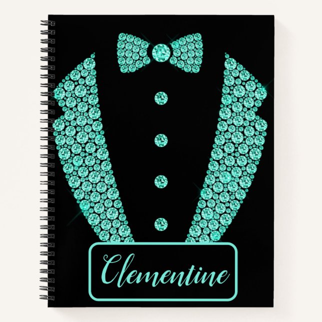 Personalized Teal Black Glitter Tuxedo Sketchbook Notebook (Front)