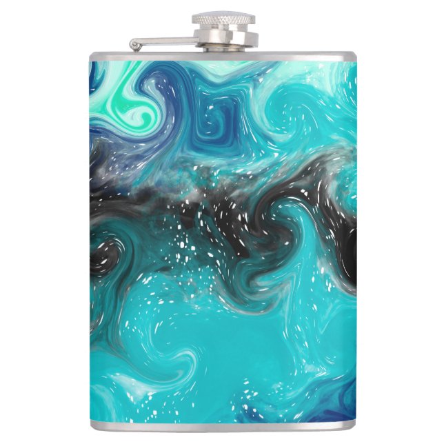 Personalized Teal Blue and Black Fluid Art Marble  Flask (Front)