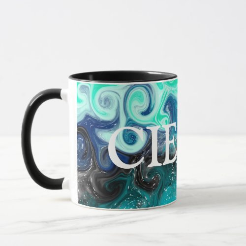 Personalized Teal Blue and Black Fluid Art Marble  Mug
