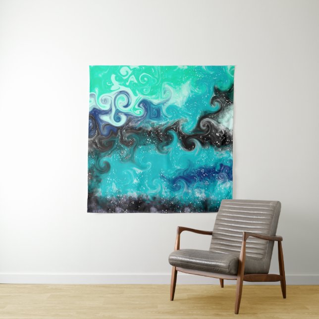 Personalized Teal Blue and Black Fluid Art Marble  Tapestry (In Situ)
