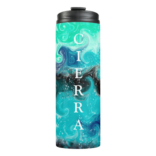 Personalized Teal Blue and Black Fluid Art Marble  Thermal Tumbler (Front)