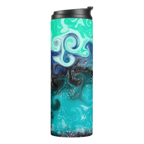 Personalized Teal Blue and Black Fluid Art Marble  Thermal Tumbler