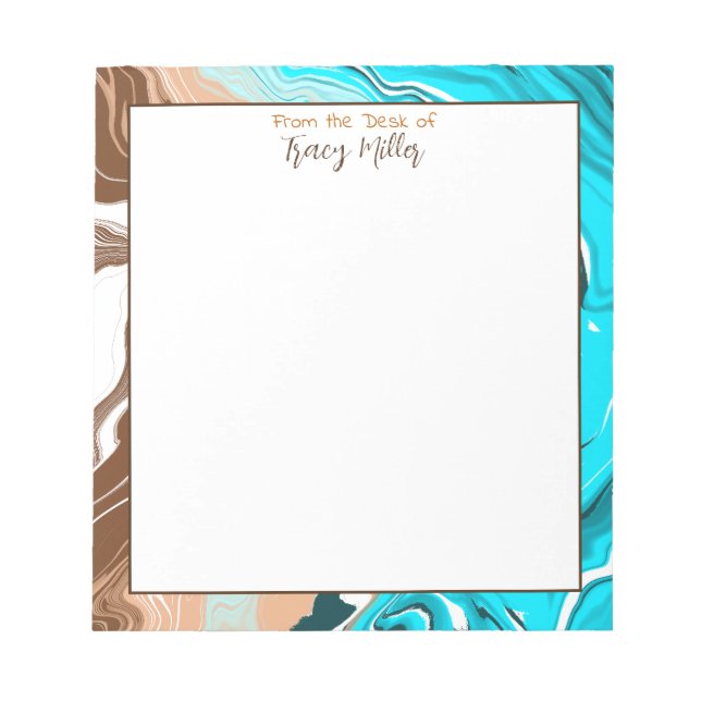 Personalized Teal, Blue and Brown Marble Fluid Art Notepad (Front)