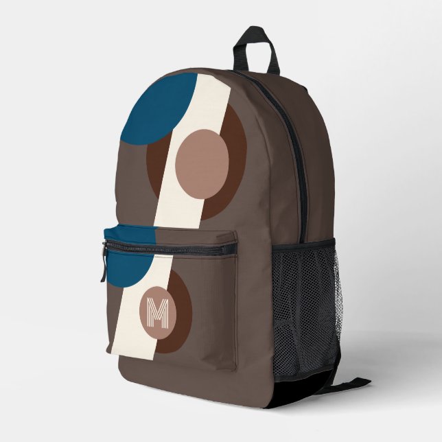 Personalized Teal Blue Brown Beige Retro Tripe Printed Backpack (Back Corner Right)
