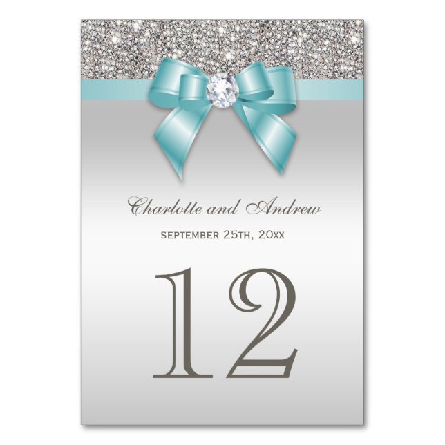 Personalized Teal Blue Faux Bow Silver Sequins Table Number (Front)