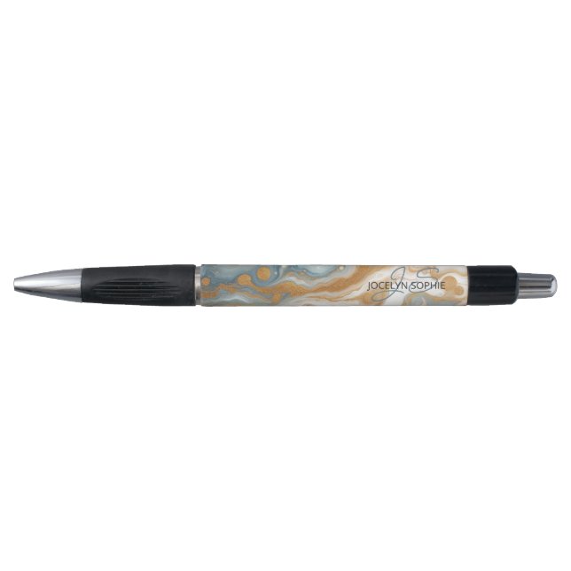 Personalized Teal Blue Gold Marble Art Pattern Pen (Front)