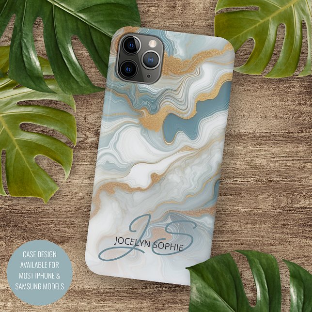 Personalized Teal Blue Gold White Marble Pattern Case-Mate iPhone Case (Creator Uploaded)