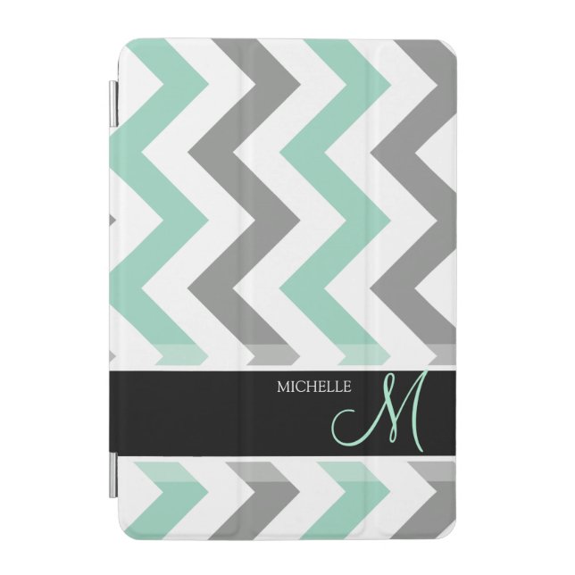Personalized Teal blue, gray and white Chevrons iPad Mini Cover (Front)