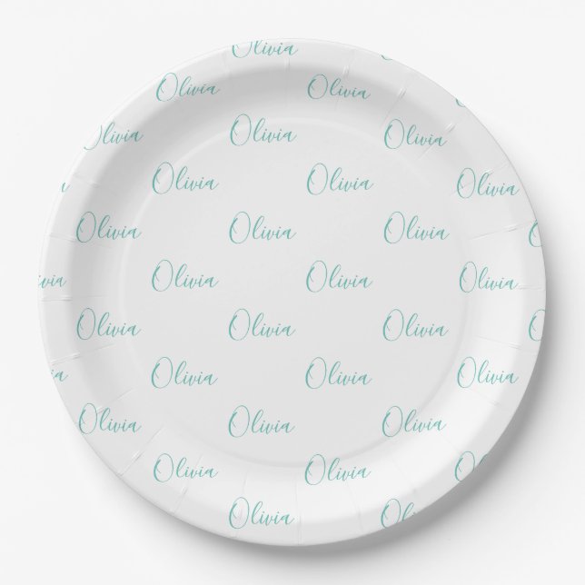 Personalized Teal Blue Green Girly Elegant Name Paper Plates (Front)