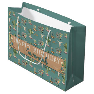 Personalized Teal Blue Happy Birthday Cactus Large Gift Bag