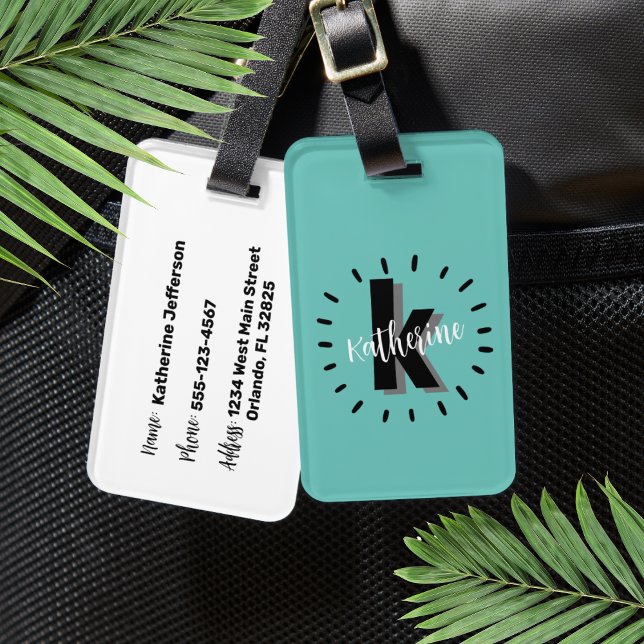 Personalized Teal Blue Monogram Luggage Tag (Chic Simple Turquoise Initial Monogram Luggage Tag)