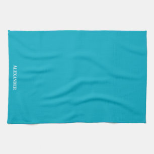 Personalized Teal Blue Plain Solid White Script Kitchen Towel