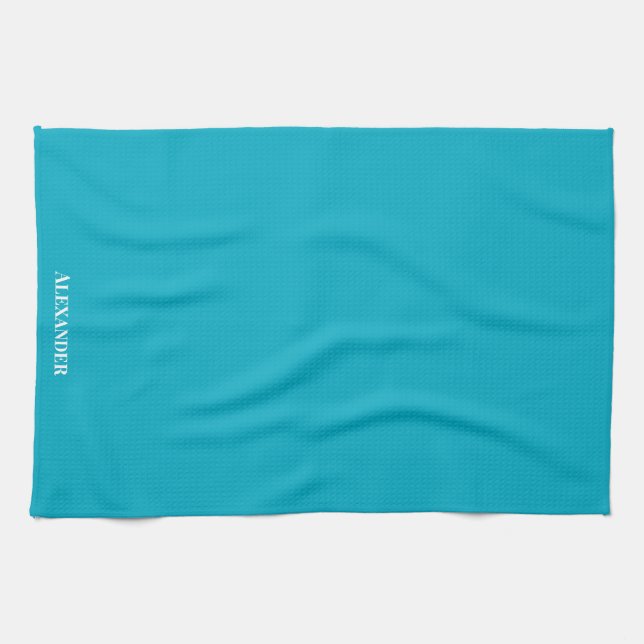 Personalized Teal Blue Plain Solid White Script Kitchen Towel (Horizontal)