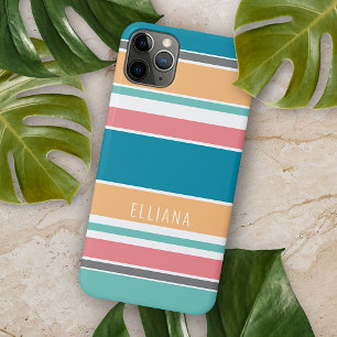 Personalized Teal Blue Sunny Yellow Pink Stripes iPhone 11 Pro Max Case