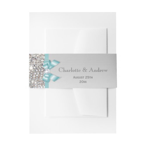 Personalized Teal Bow  Diamonds Wedding Invitation Belly Band