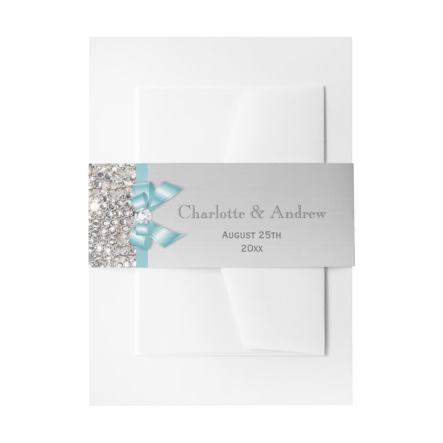 Personalized Teal Bow & Diamonds Wedding Invitation Belly Band (Front Example)
