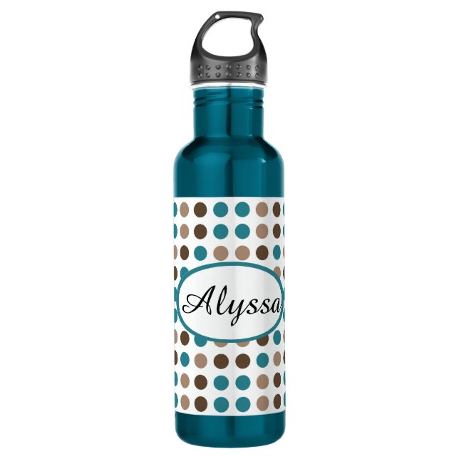 Personalized Teal Brown Polka Dot Water Bottle (Front)