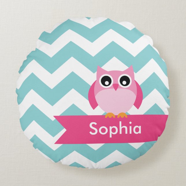 Personalized Teal Chevron Pink Owl Round Pillow (Front)