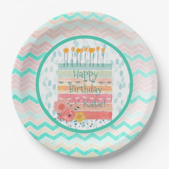Personalized Teal Coral Birthday Cake Paper Plate (Front)