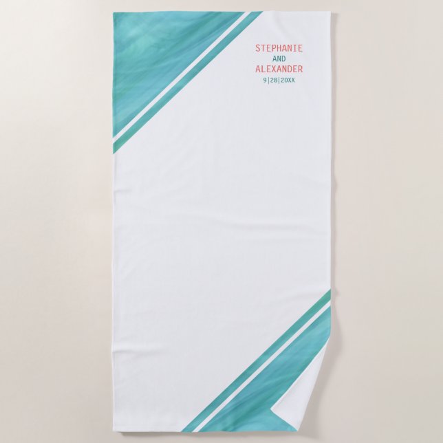 Personalized Teal Coral Wedding Beach Towel (Front)