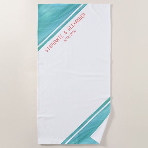 Personalized Teal Coral Wedding Beach Towel