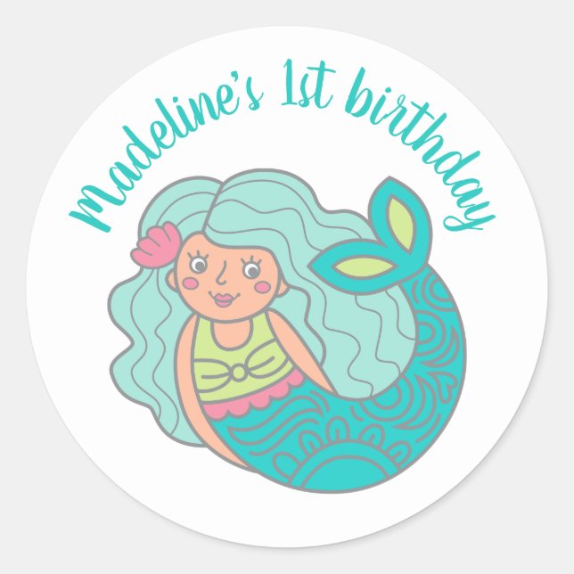Personalized Teal Cute Mermaid 1st Birthday Classic Round Sticker (Front)