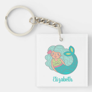 Personalized Teal Cute Mermaid Keychain