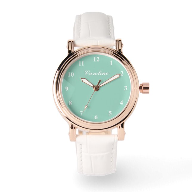 Personalized teal dial white leather women's watch (Front)