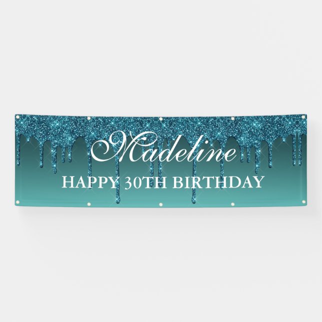 Personalized Teal Dripping Glitter Birthday Banner (Horizontal)