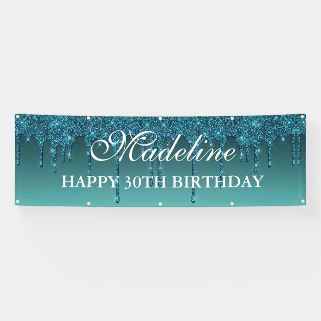 Personalized Teal Dripping Glitter Birthday Banner (Horizontal)