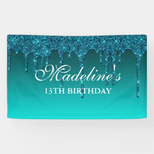 Personalized Teal Dripping Glitter Birthday Banner