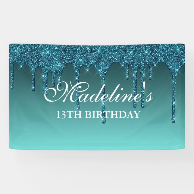 Personalized Teal Dripping Glitter Birthday Banner (Horizontal)