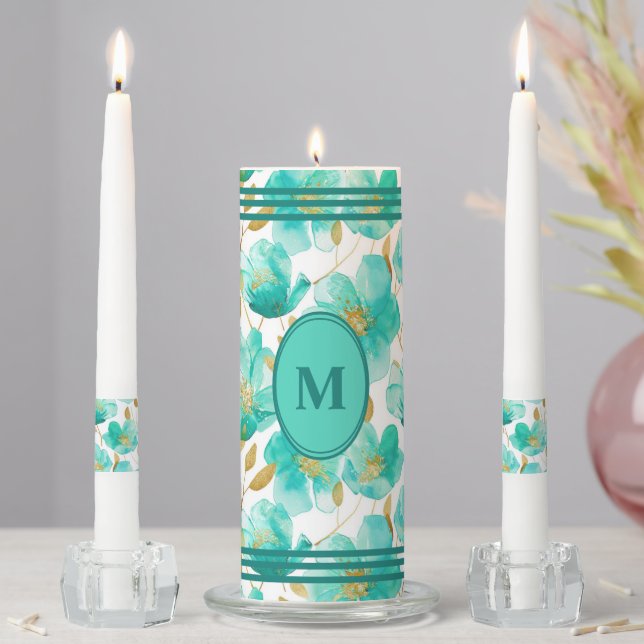 Personalized Teal Floral Unity Candle (In Situ)