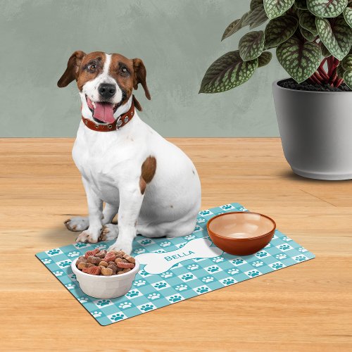 Personalized Teal Gingham Paw Prints Dog Bone Placemat