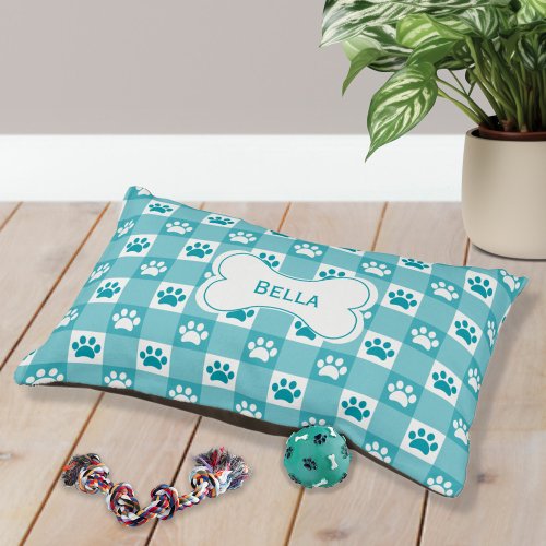 Personalized Teal Gingham with Paw Prints and Bone Pet Bed