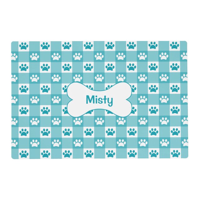 Personalized Teal Gingham with Paw Prints and Bone Placemat (Front)